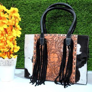 Shoulder Leather Fringe bag, Crossbody Cowhide Leather Tooled Purse for Woman